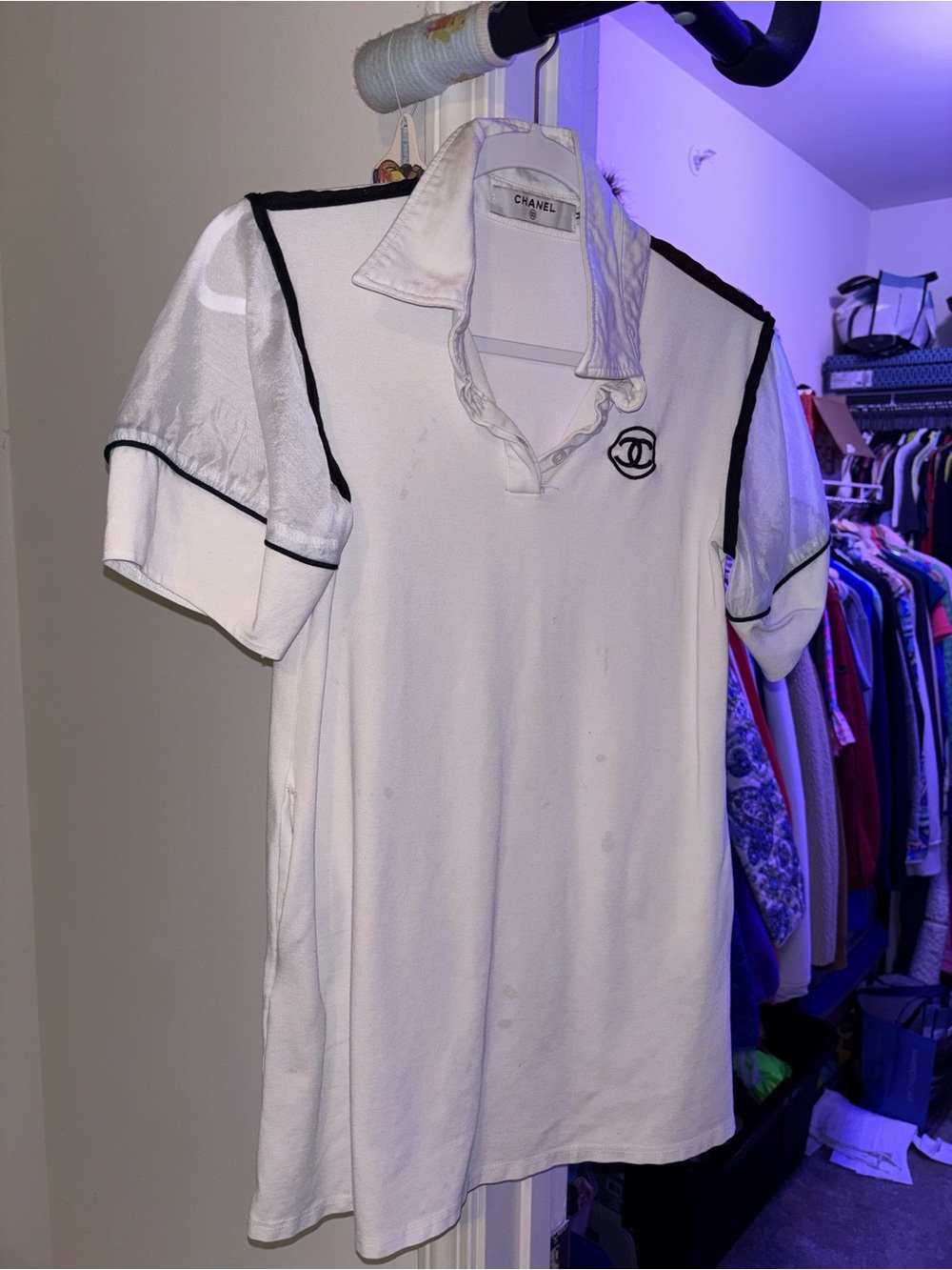 CHANEL White Polo with Black Trim and Embroidered Logo